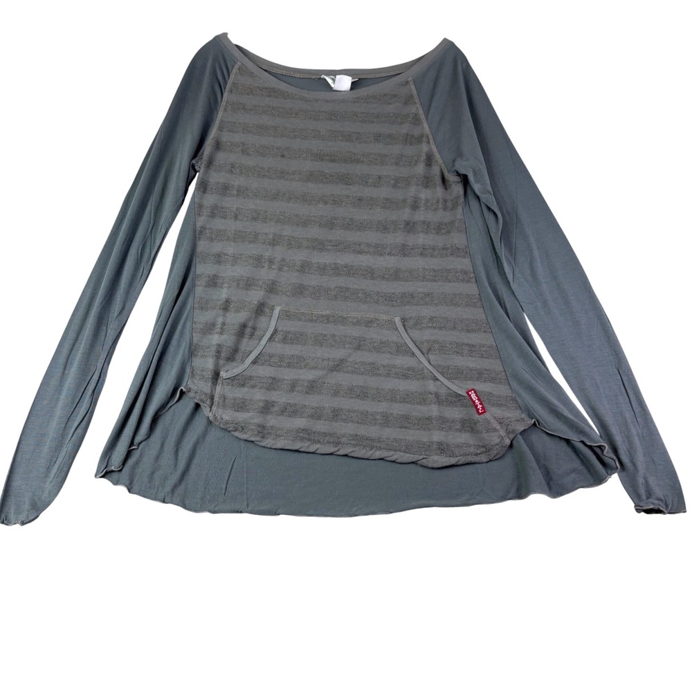 Hard Tail S Gray Striped Long Sleeve Tunic Top Kangaroo Pocket Lettuce Edge Y2K